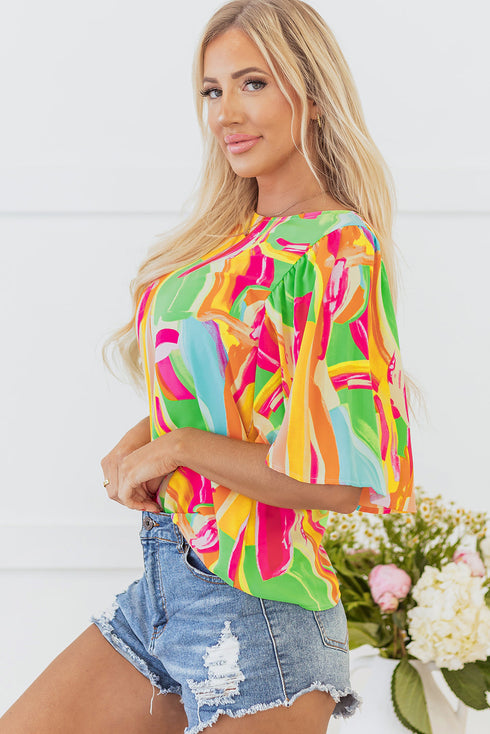 Abstract Print Pleated Half Sleeve Keyhole Back Blouse