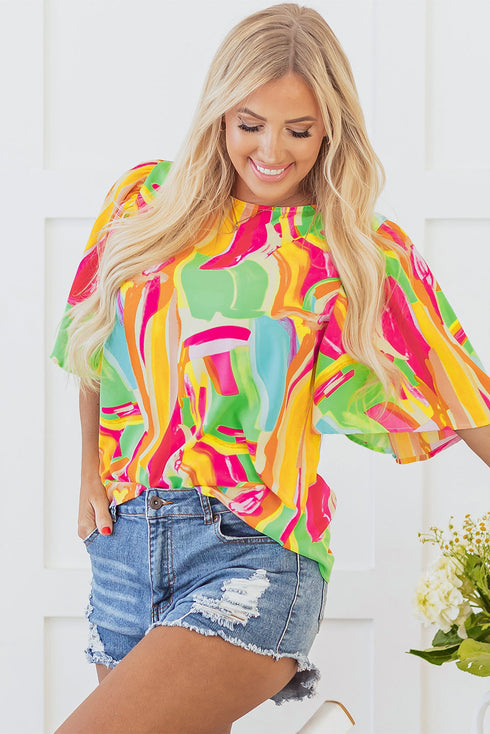 Abstract Print Pleated Half Sleeve Keyhole Back Blouse