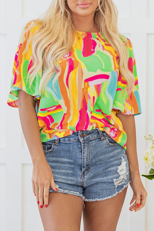 Abstract Print Pleated Half Sleeve Keyhole Back Blouse