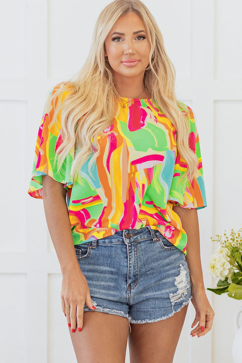 Abstract Print Pleated Half Sleeve Keyhole Back Blouse