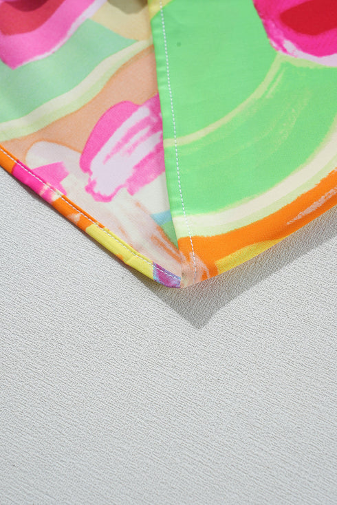 Abstract Print Pleated Half Sleeve Keyhole Back Blouse