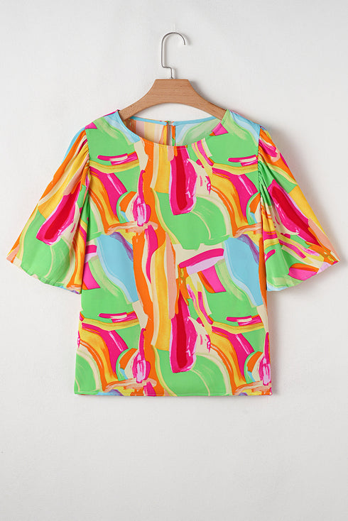 Abstract Print Pleated Half Sleeve Keyhole Back Blouse
