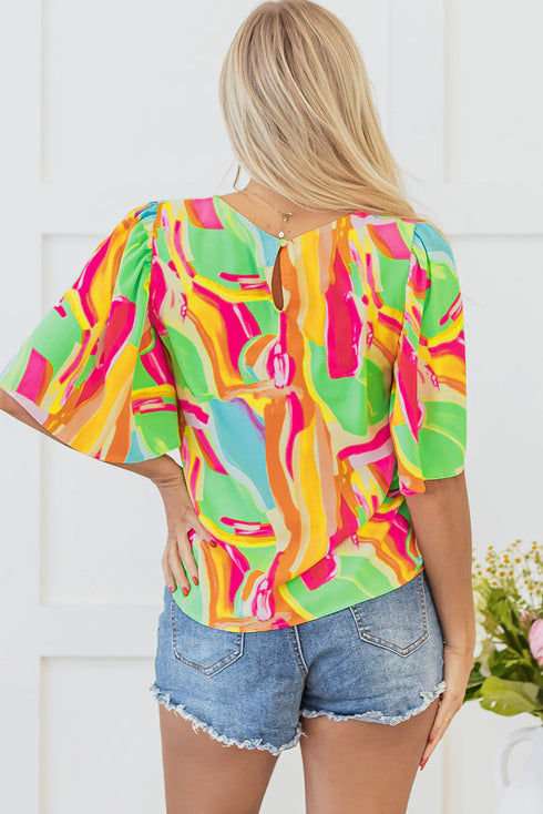 Abstract Print Pleated Half Sleeve Keyhole Back Blouse