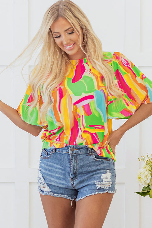 Abstract Print Pleated Half Sleeve Keyhole Back Blouse