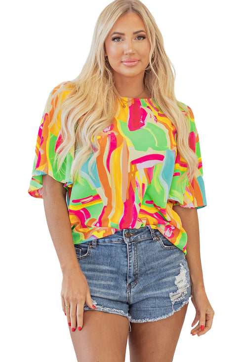 Abstract Print Pleated Half Sleeve Keyhole Back Blouse