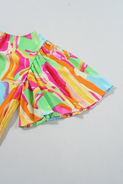Abstract Print Pleated Half Sleeve Keyhole Back Blouse