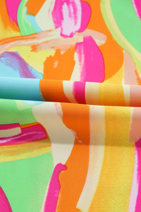 Abstract Print Pleated Half Sleeve Keyhole Back Blouse