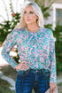 Abstract Print Pleated Round Neck Long Sleeve Blouse
