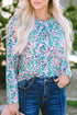 Abstract Print Pleated Round Neck Long Sleeve Blouse