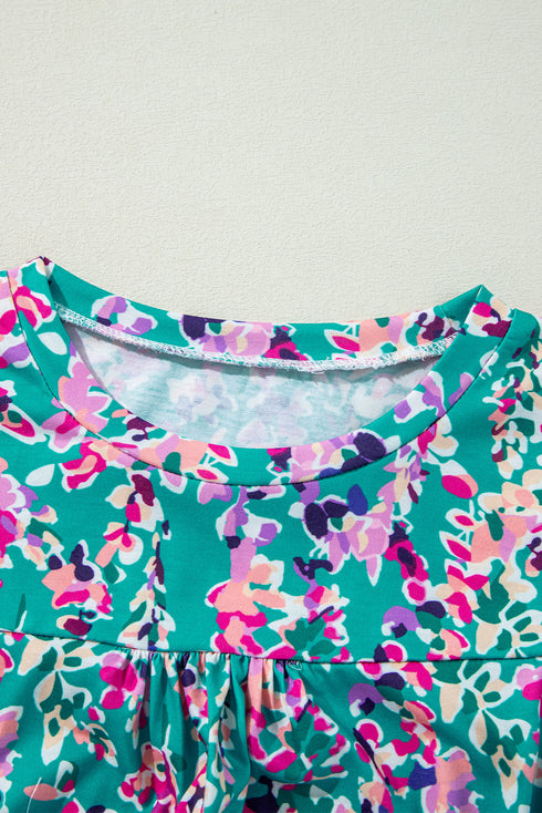 Abstract Print Pleated Round Neck Long Sleeve Blouse