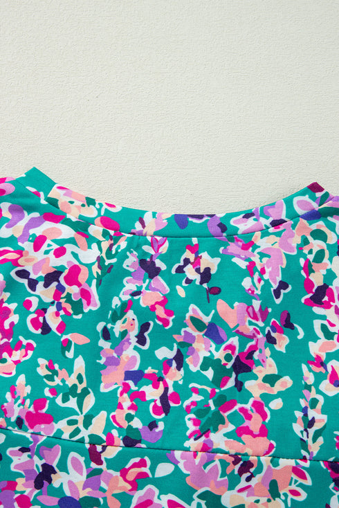 Abstract Print Pleated Round Neck Long Sleeve Blouse