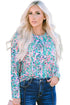 Abstract Print Pleated Round Neck Long Sleeve Blouse