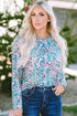 Abstract Print Pleated Round Neck Long Sleeve Blouse