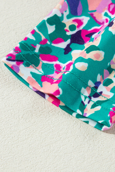 Abstract Print Pleated Round Neck Long Sleeve Blouse