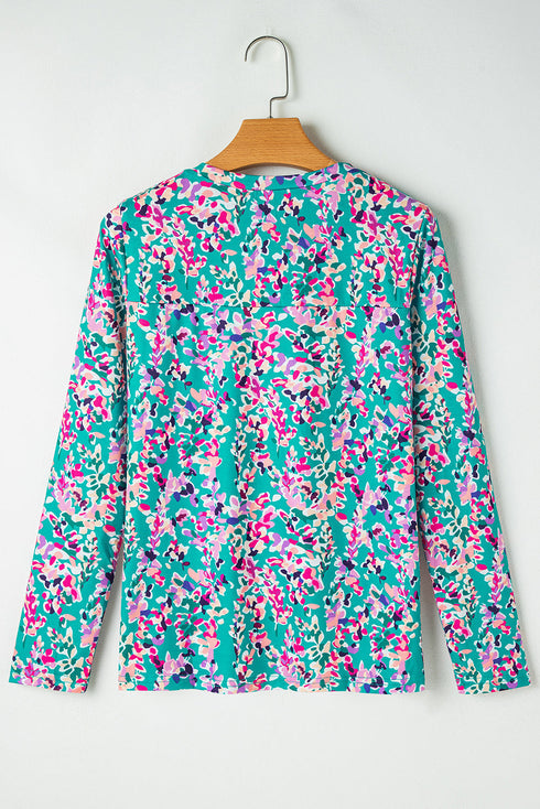 Abstract Print Pleated Round Neck Long Sleeve Blouse