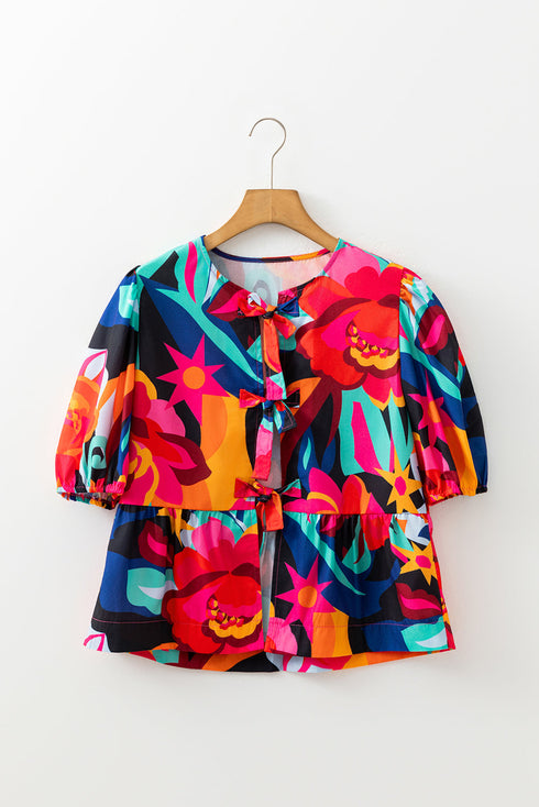 Abstract Print Puff Sleeve Front Tie Woven Babydoll Blouse