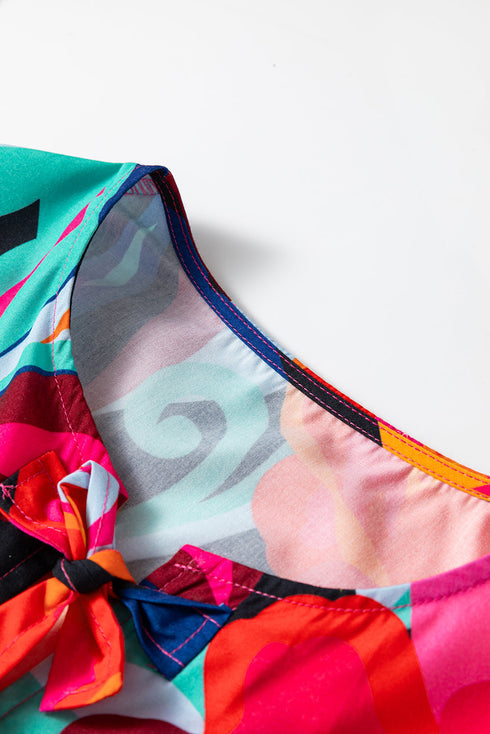 Abstract Print Puff Sleeve Front Tie Woven Babydoll Blouse