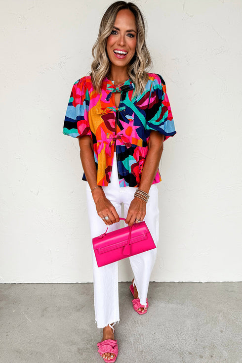 Abstract Print Puff Sleeve Front Tie Woven Babydoll Blouse