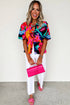 Abstract Print Puff Sleeve Front Tie Woven Babydoll Blouse