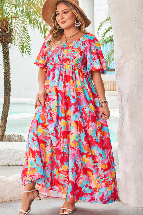 Abstract Print Puff Sleeve Smocked Bust Plus Size Maxi Dress