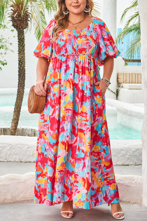 Abstract Print Puff Sleeve Smocked Bust Plus Size Maxi Dress