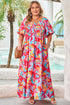 Abstract Print Puff Sleeve Smocked Bust Plus Size Maxi Dress
