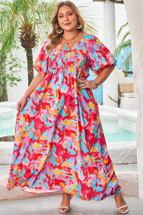 Abstract Print Puff Sleeve Smocked Bust Plus Size Maxi Dress