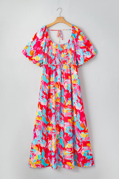 Abstract Print Puff Sleeve Smocked Bust Plus Size Maxi Dress