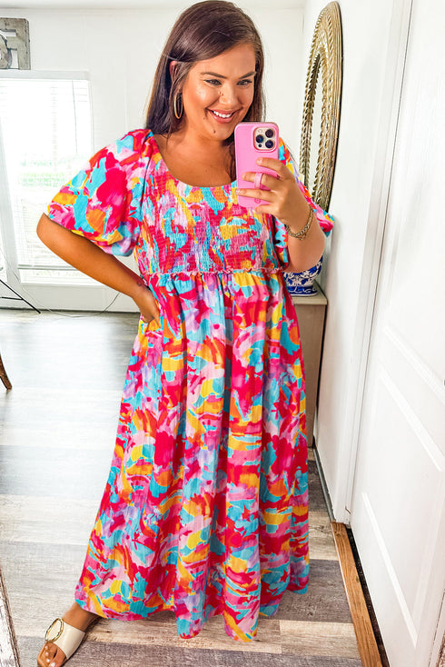 Abstract Print Puff Sleeve Smocked Bust Plus Size Maxi Dress