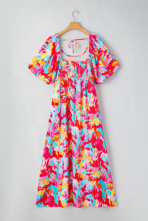Abstract Print Puff Sleeve Smocked Bust Plus Size Maxi Dress