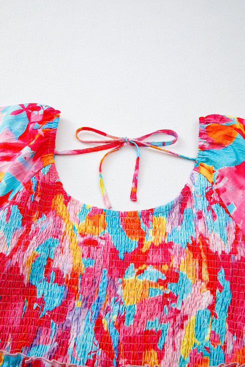 Abstract Print Puff Sleeve Smocked Bust Plus Size Maxi Dress