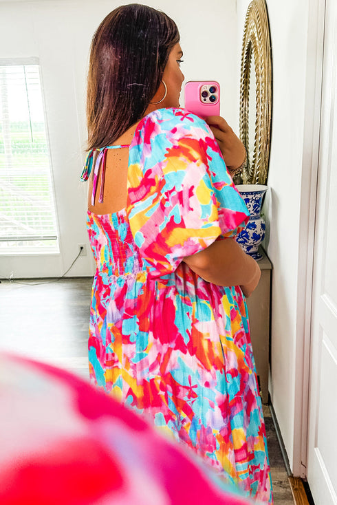 Abstract Print Puff Sleeve Smocked Bust Plus Size Maxi Dress