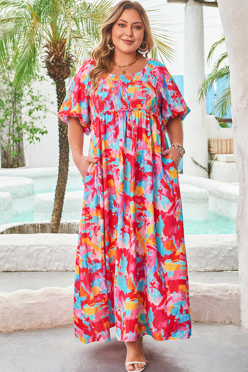 Abstract Print Puff Sleeve Smocked Bust Plus Size Maxi Dress