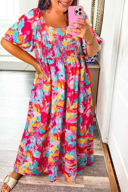 Abstract Print Puff Sleeve Smocked Bust Plus Size Maxi Dress