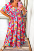 Abstract Print Puff Sleeve Smocked Bust Plus Size Maxi Dress