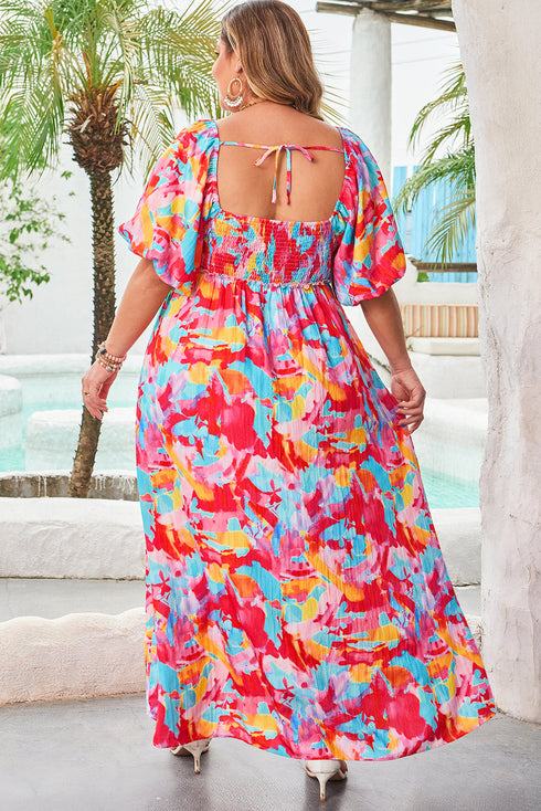 Abstract Print Puff Sleeve Smocked Bust Plus Size Maxi Dress