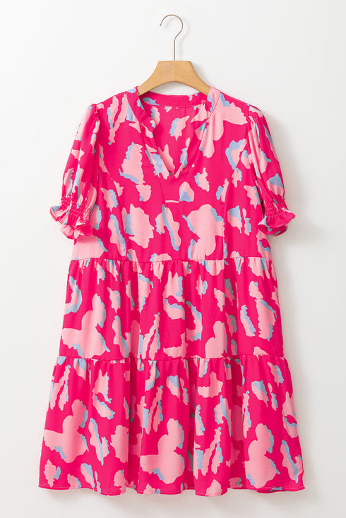 Abstract Print Puff Sleeve Tiered Mini Dress