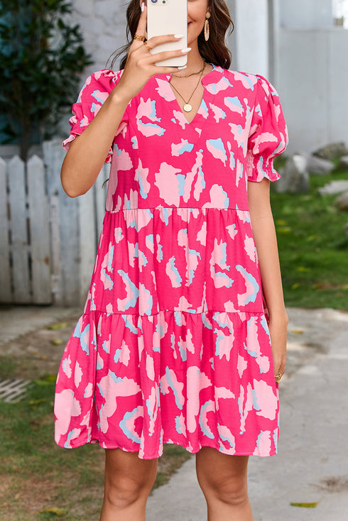Abstract Print Puff Sleeve Tiered Mini Dress