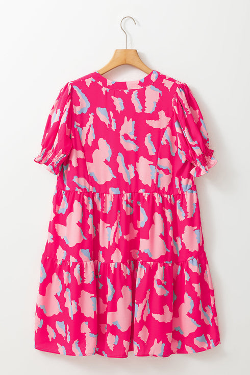 Abstract Print Puff Sleeve Tiered Mini Dress