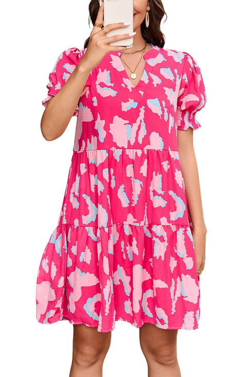 Abstract Print Puff Sleeve Tiered Mini Dress