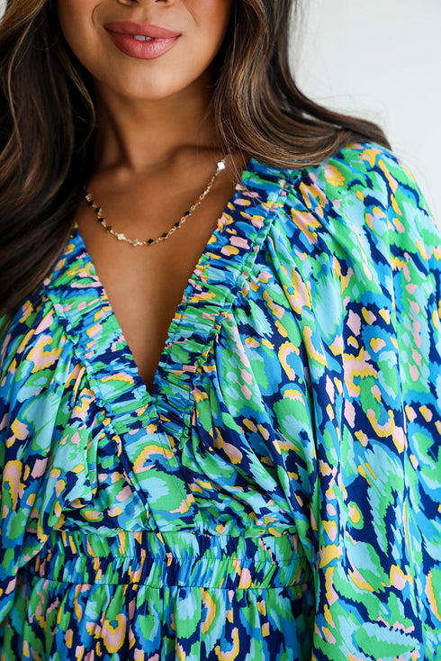 Abstract Print Puff Sleeve V Neck High Waist Romper