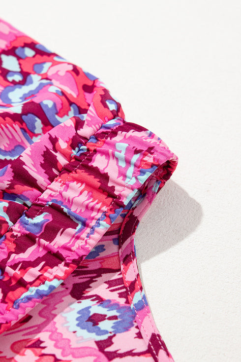 Abstract Print Puff Sleeve V Neck High Waist Romper