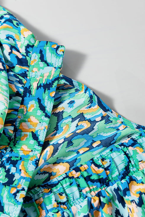 Abstract Print Puff Sleeve V Neck High Waist Romper