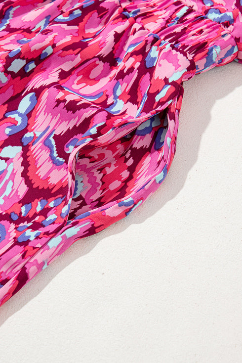 Abstract Print Puff Sleeve V Neck High Waist Romper