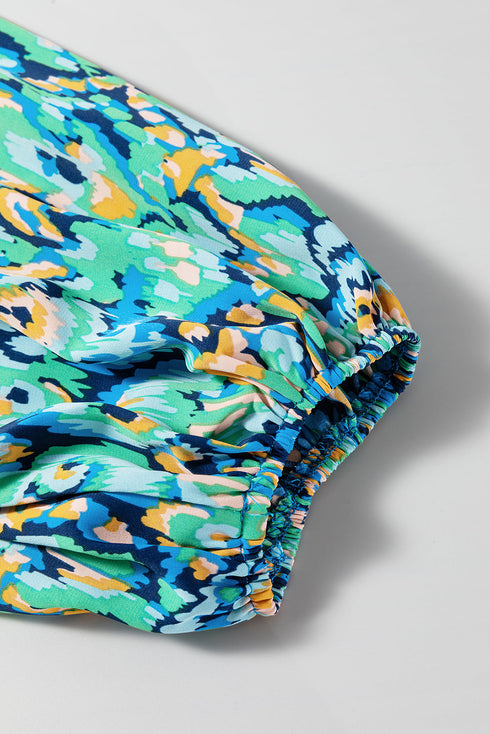 Abstract Print Puff Sleeve V Neck High Waist Romper