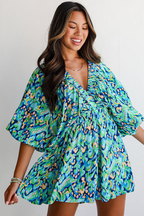Abstract Print Puff Sleeve V Neck High Waist Romper
