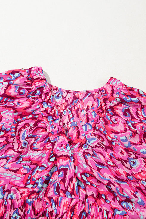 Abstract Print Puff Sleeve V Neck High Waist Romper