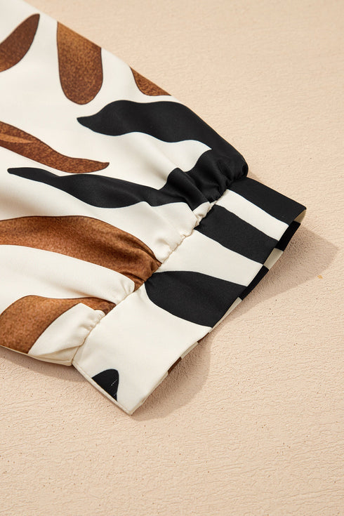 Abstract Print Puff Sleeve V Neck Relaxed Fit Blouse