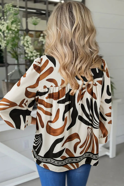 Abstract Print Puff Sleeve V Neck Relaxed Fit Blouse