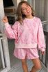 Abstract Print Ribbed Crewneck Long Sleeve Top Elastic Waist Short Set
